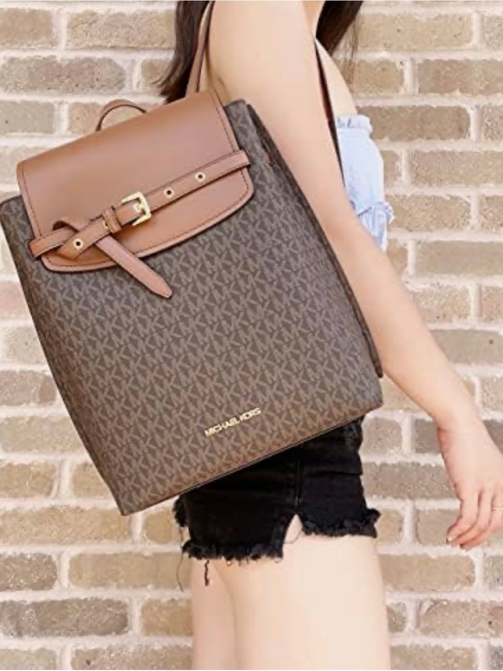 Michael Kors Brown Logo Convertible Backpack Tote with Tan Flap